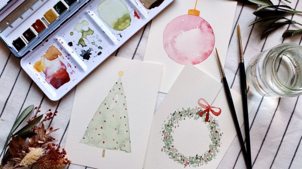 Weihnachtskarten gemalt im Workshop für Kinder und Familien