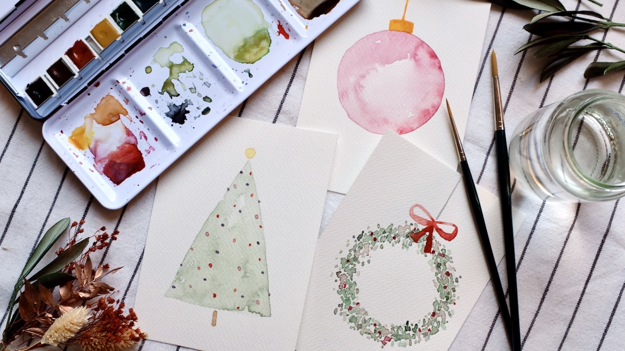 Weihnachtskarten gemalt im Workshop für Kinder und Familien